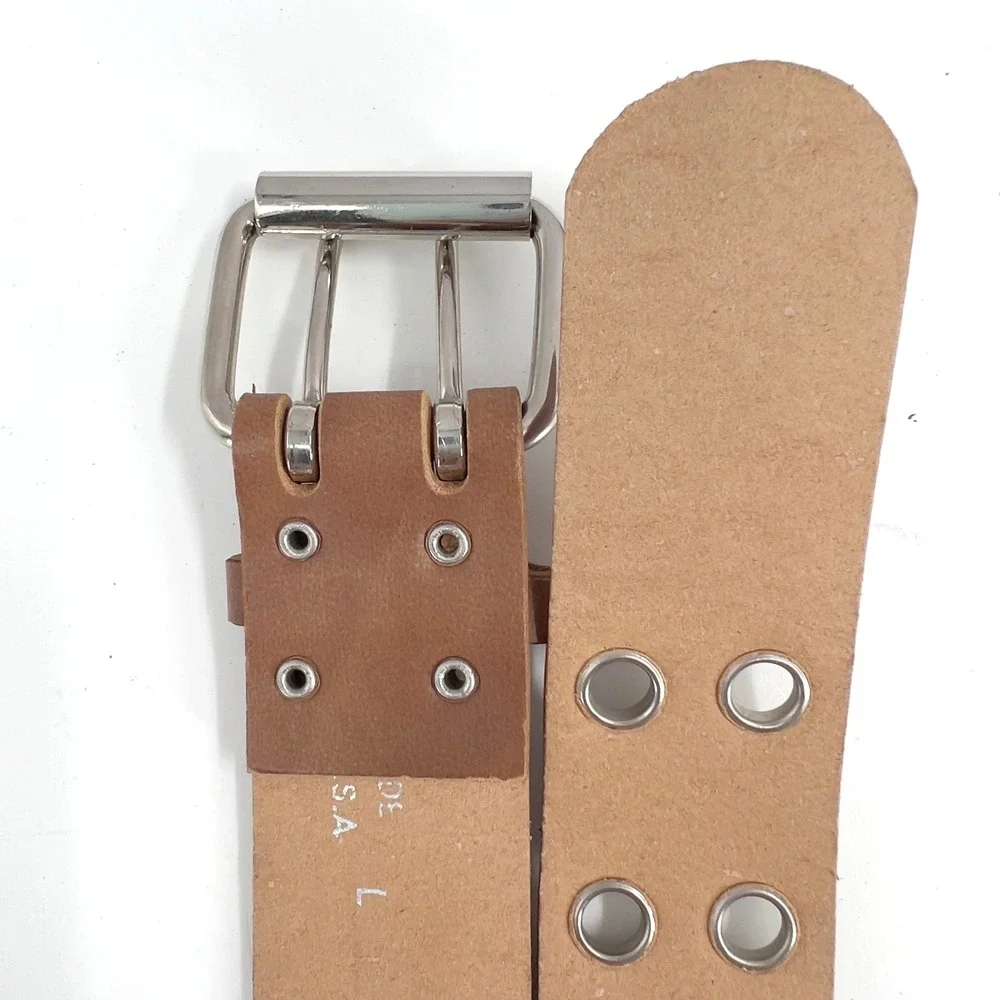 Womens Wide Double‎ Row Grommet Belt Brown Bonded Leather Silver Buckle L